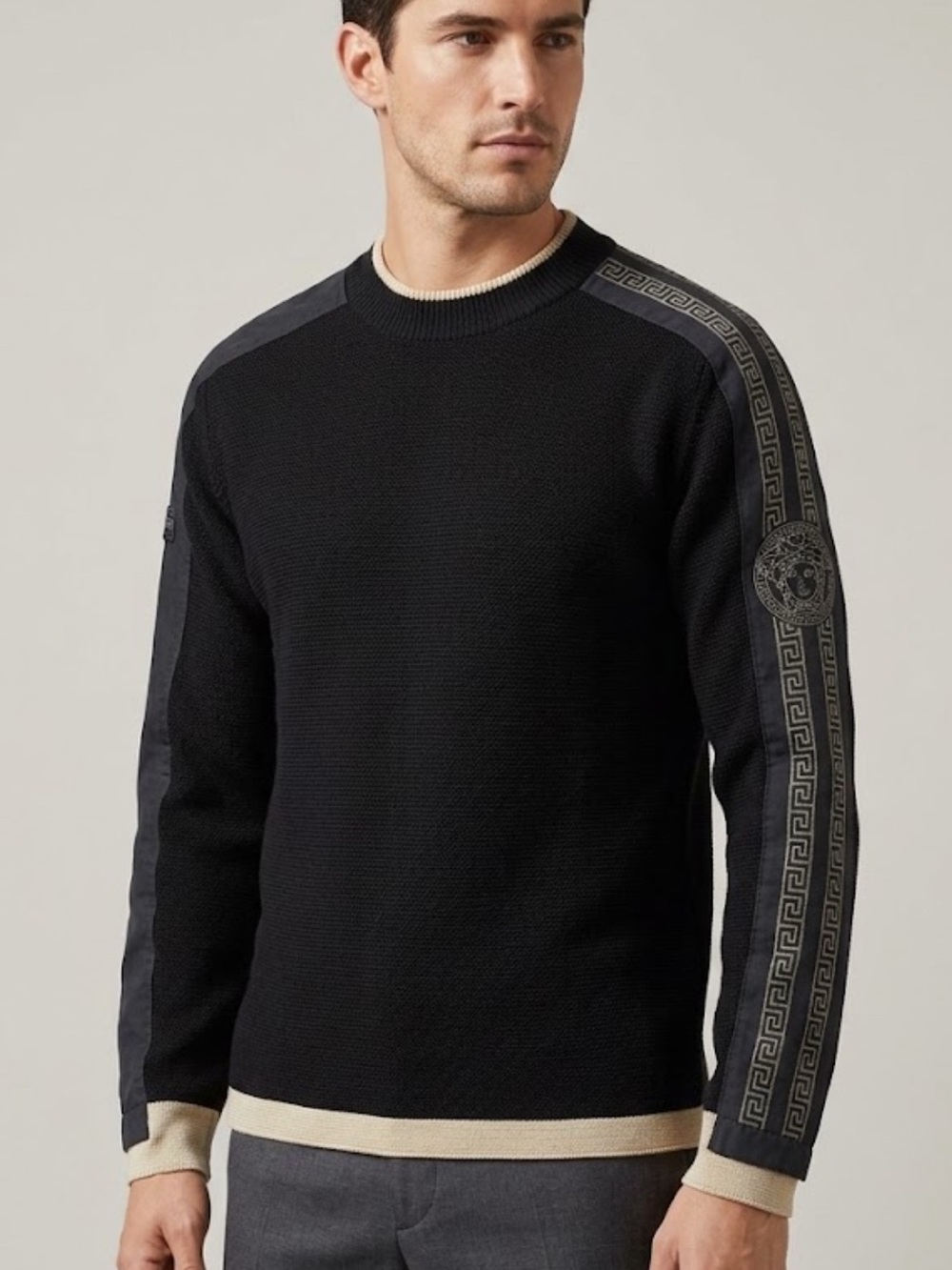 Versace Black Crewneck Sweater with Cream Trim and Grey Side Stripes